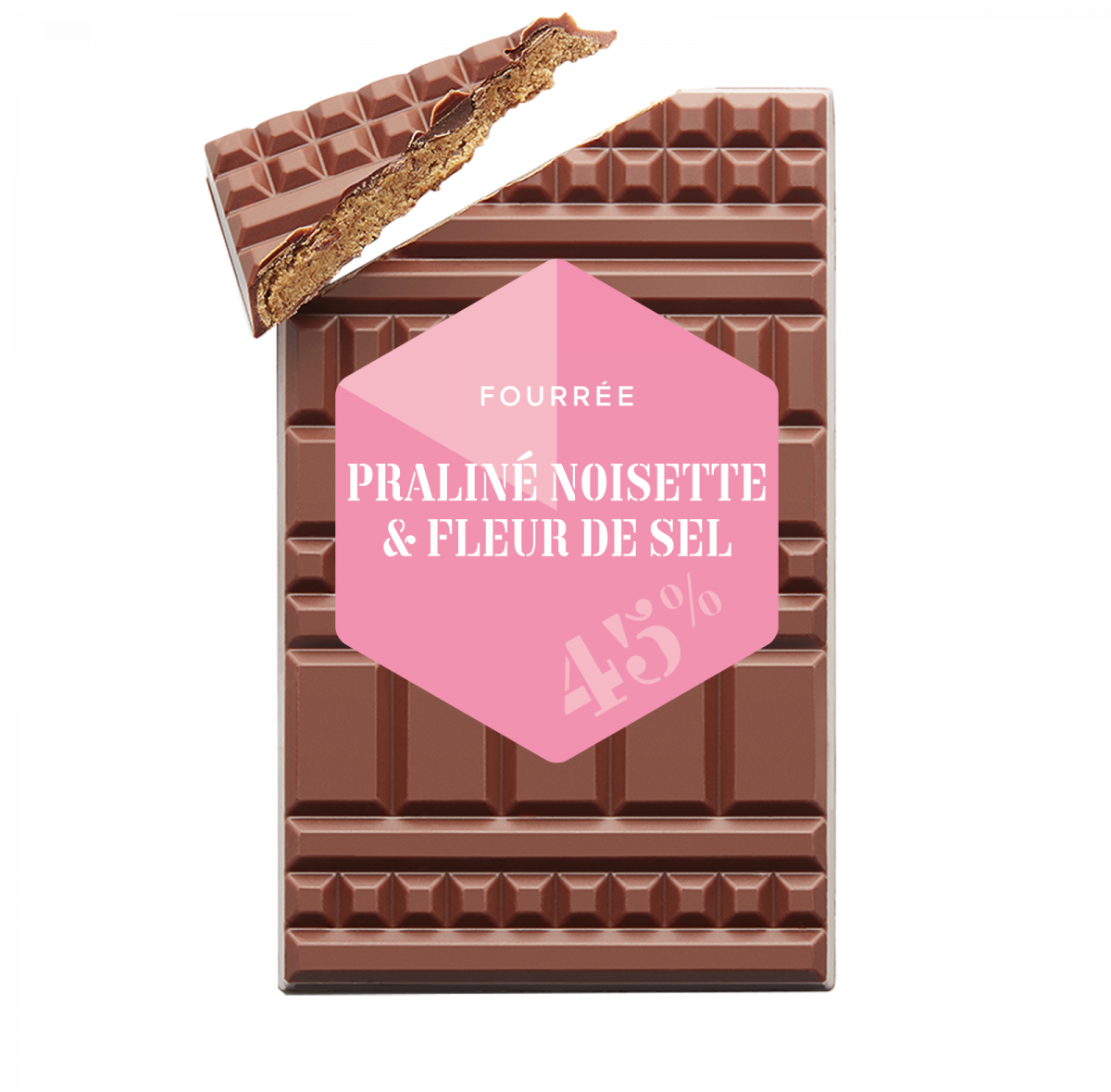 Tablette Fourrée Praliné noisettes fleur de sel Chocolat au Lait 45